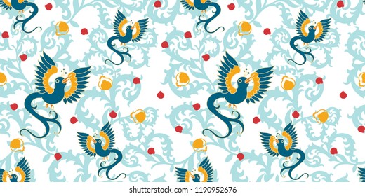 Elegant singing bird seamless vector repeat pattern design. Use it as background, wallpaper, packaging or on textile. Great for printing design projects.  