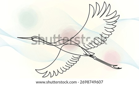 Elegant single line drawing a flying crane bird with abstract wavy elegant continuous wings feathers