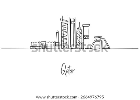 Elegant single line drawing of Qatar city skyline, highlighting Doha skyscrapers, West Bay icons, Museum of Islamic Art and National Museum forms; a city skyline concept themed around Gulf culture.
