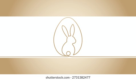 Elegante dibujo de una sola línea de un conejo dentro de un huevo de Pascua sobre un fondo dorado suave