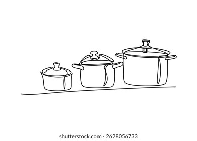 Elegant single line drawing of three cooking pots with lids on a clean white background