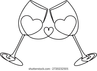 Um elegante desenho de linha única de dois copos de vinho com suas hastes formando um coração adorável, simbolizando celebração e amor.