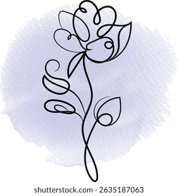 Elegant single line flower drawing with leaves on a watercolor background.