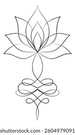 Elegant Single Line Lotus Bloom Design. A continuous, flowing line gracefully forms a symmetrical lotus flower with intricate petals and swirling base elements, evoking peace.
