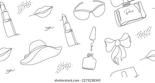 Elegant single line seamless background with trendy elements. glasses, hat, lips, dot in a minimalist style. Fashion illustration for print, paper. cosmetics, banner. Continuous line art. fashion