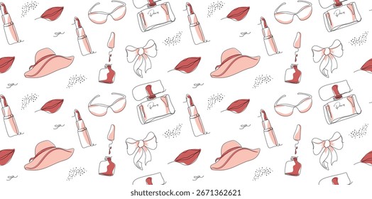 Elegant single line seamless background with trendy elements. glasses, hat, lips, dot in a minimalist style. Fashion illustration for print, paper. cosmetics, banner. Continuous line art. fashion