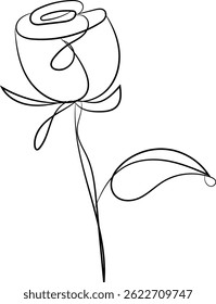 Elegante dibujo de una sola línea de una rosa con una gota de rocío, perfecto para diseños minimalistas, invitaciones o marca.