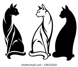 elegant sitting cats vector design - black and white outlines and silhouette