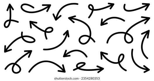 Elegant sketch curved arrows set for business plan, presentation and education. Sign, Symbol, Hand drawn arrow collection