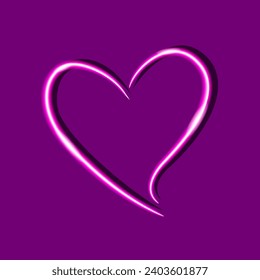 Elegant sketch outline of heart. Honeymoon, Valentine calligraphy. Pink neon on violet background