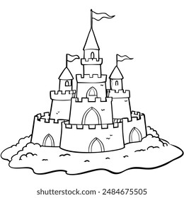 Elegant sketch of a sandcastle with a serene sky and playful birds, capturing a perfect beach day.