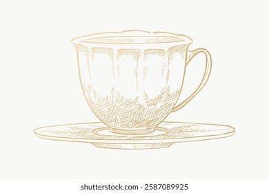 Elegant sketch of a teacup and saucer. Vintage teacup illustration. Delicate lines depict a classic teacup design. Teacup and saucer art in soft tones. Vector isolated on white.