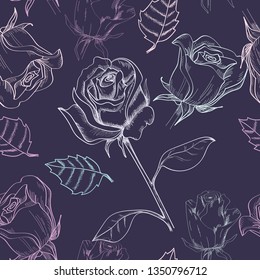 Elegant sketched roses, seamless pattern, violet color background. 