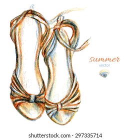 Elegant sketched woman's shoe isolated on white background, Summer sandal, Vector hand drawn illustration, Design template for label, banner, postcard,  travel card