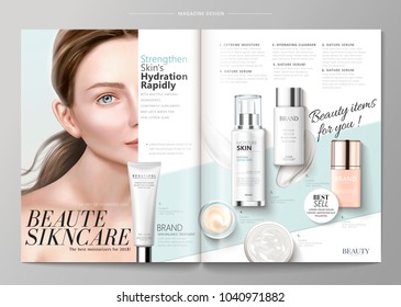 Elegant skin care magazine template, cosmetic products with attractive model in 3d illustration, geometric background