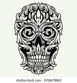 Elegant skull of traceries on dollar bill in vintage monochrome style isolated vector illustration