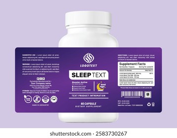 Elegant sleep supplement label packaging in a purple tone, featuring clear typography, modern branding, vitamin bottles, health capsules, jar, pouch, bag packaging design.