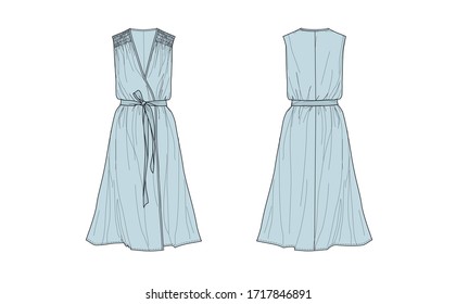 Elegant sleeveless dress with ruching and belt, overlapped front, flat sketch, front and back views