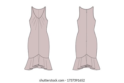 Elegant sleeveless dress with ruffle skirt detail, flat sketch, front and back views