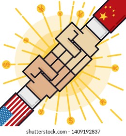Elegant sleeves with China and U.S.A. flags and clashing fists with coins representing dollar and yuan symbols fighting during Trade War.