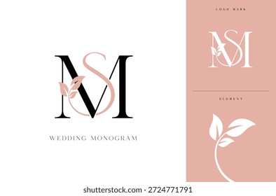 Logotipo elegante do monograma do casamento de SM com botânico