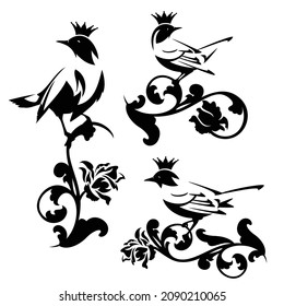 elegant small bird wearing royal crown sitting on rose flower stem - fairy tale princess pet animal black and white vector silhouette design set