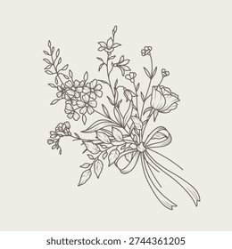 Elegant small Bouquet and Bow. Hand drawn Floral delicate botanical line art. Garden Flowers, leaves and Branches. Vector illustration for tattoo, wedding invitation, save the date card, frame