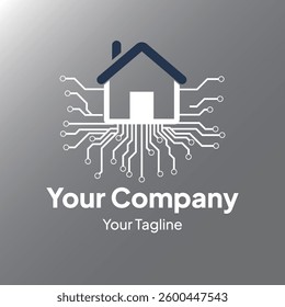 Elegant smart home logo featuring a house with integrated circuit patterns ideal for branding tech companies.