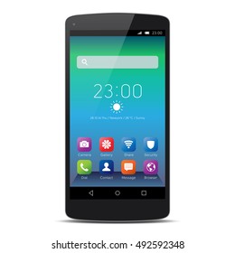 Elegant smartphone with colorful screen icons. Black mobile phone isolated, realistic vector illustration.