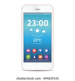 Elegant smartphone with colorful screen icons, applications. Rose gold mobile iphon isolated, realistic vector illustration.