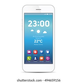 Elegant smartphone with colorful screen icons, applications. White mobile iphon isolated, realistic vector illustration.