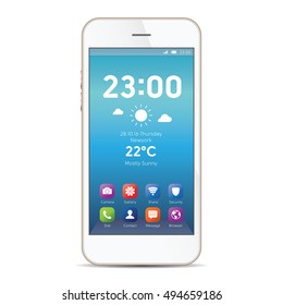 Elegant smartphone with colorful screen icons, applications. Gold mobile iphon isolated, realistic vector illustration.