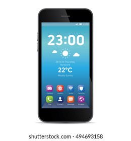 Elegant smartphone with colorful screen icons, applications. White mobile iphon isolated, realistic vector illustration.