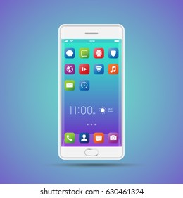 Elegant smartphone with colorful screen icons, applications. White mobile phone isolated, realistic vector design on blue background