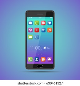 Elegant smartphone with colorful screen icons, applications. Black mobile phone isolated, realistic vector design on blue background