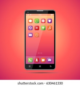 Elegant smartphone with colorful screen icons, applications. Black mobile phone isolated, realistic vector design on red, orange background