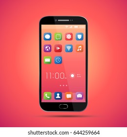 Elegant smartphone with colorful screen icons, applications. Mobile phone isolated, realistic vector design on orange, red background