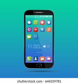 Elegant smartphone with colorful screen icons, applications. Mobile phone isolated, realistic vector design on green, blue background