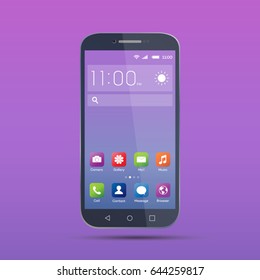 Elegant smartphone with colorful screen icons, applications. Mobile phone isolated, realistic vector design on purple, blue background