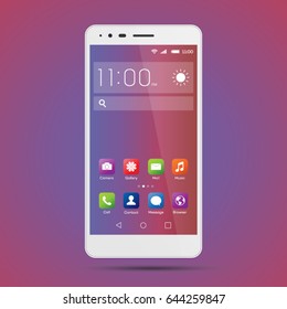 Elegant Smartphone With Colorful Screen Icons, Applications. Mobile Phone Isolated, Realistic Vector Design On Purple, Blue Background