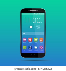 Elegant smartphone with colorful screen icons, applications. Mobile phone isolated, realistic vector design on blue, green background