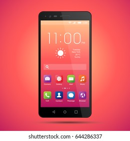 Elegant smartphone with colorful screen icons, applications. Mobile phone isolated, realistic vector design on orange,red background