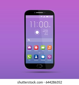 Elegant smartphone with colorful screen icons, applications. Mobile phone isolated, realistic vector design on blue, purple background