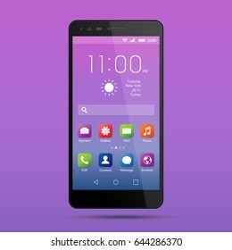 Elegant smartphone with colorful screen icons, applications. Mobile phone isolated, realistic vector design on blue, purple background