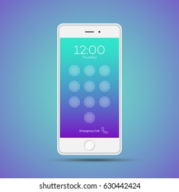 Elegant smartphone with colorful security lock screen. White mobile iphon isolated, realistic vector design on red, orange background.