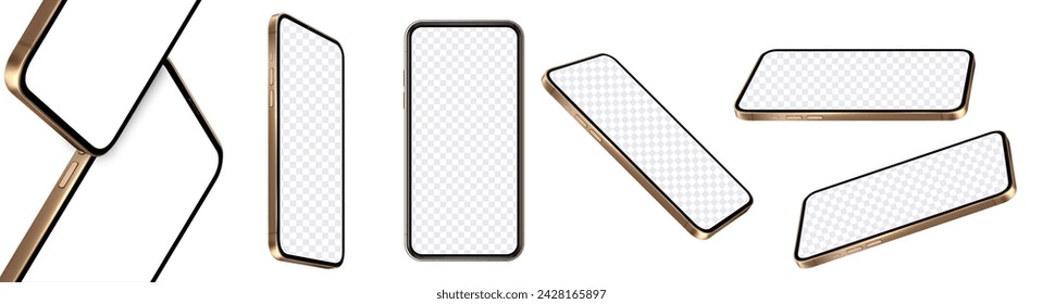 Elegant Smartphones with Gold Edges on Transparent Background. Collection of stylish smartphones with golden details and transparent screens ready for display customization. Vector illustration