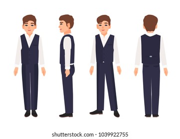 Elegant smiling teenage boy or teenager with brown hair wearing shirt, trousers and vest. Male cartoon character isolated on white background. Front, side and back views. Colored vector illustration.