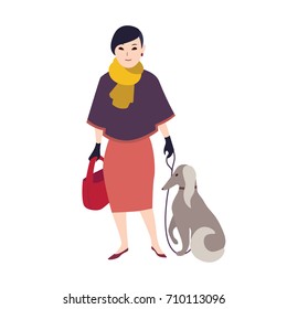 Elegant smiling woman dressed in stylish evening clothing standing and holding her dog in leash. Flat cartoon character with pet isolated on white background. Colored vector illustration.