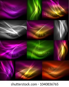 Elegant smooth particles neon wave set, shiny light effects templates for web banner, business or technology presentation background or elements, vector illustrations