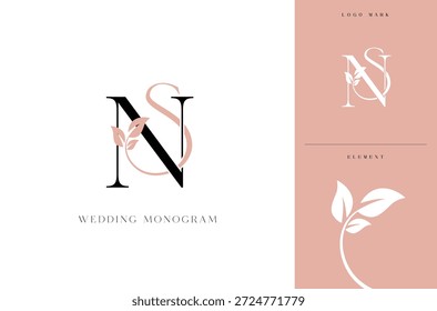Elegant SN wedding monogram logo with botanical